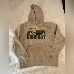 Marmot Men's Tan Pullover Hoodie with Green and Yellow Logo